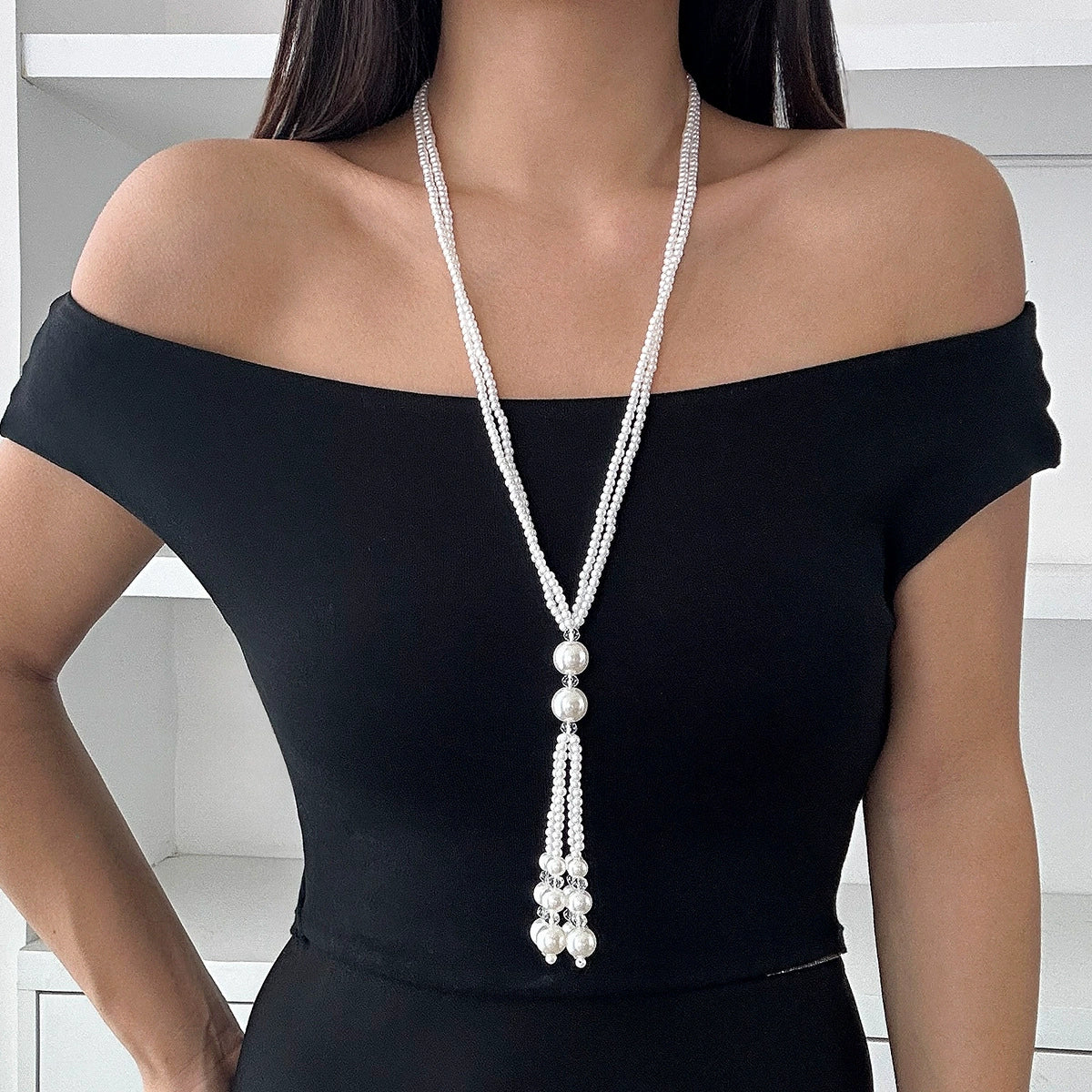 Jewelry Fashionable Pearl Tassel Imitation Pearl And Imitation Crystal Geometric Simple Electroplating Clavicle Chain - Image 6