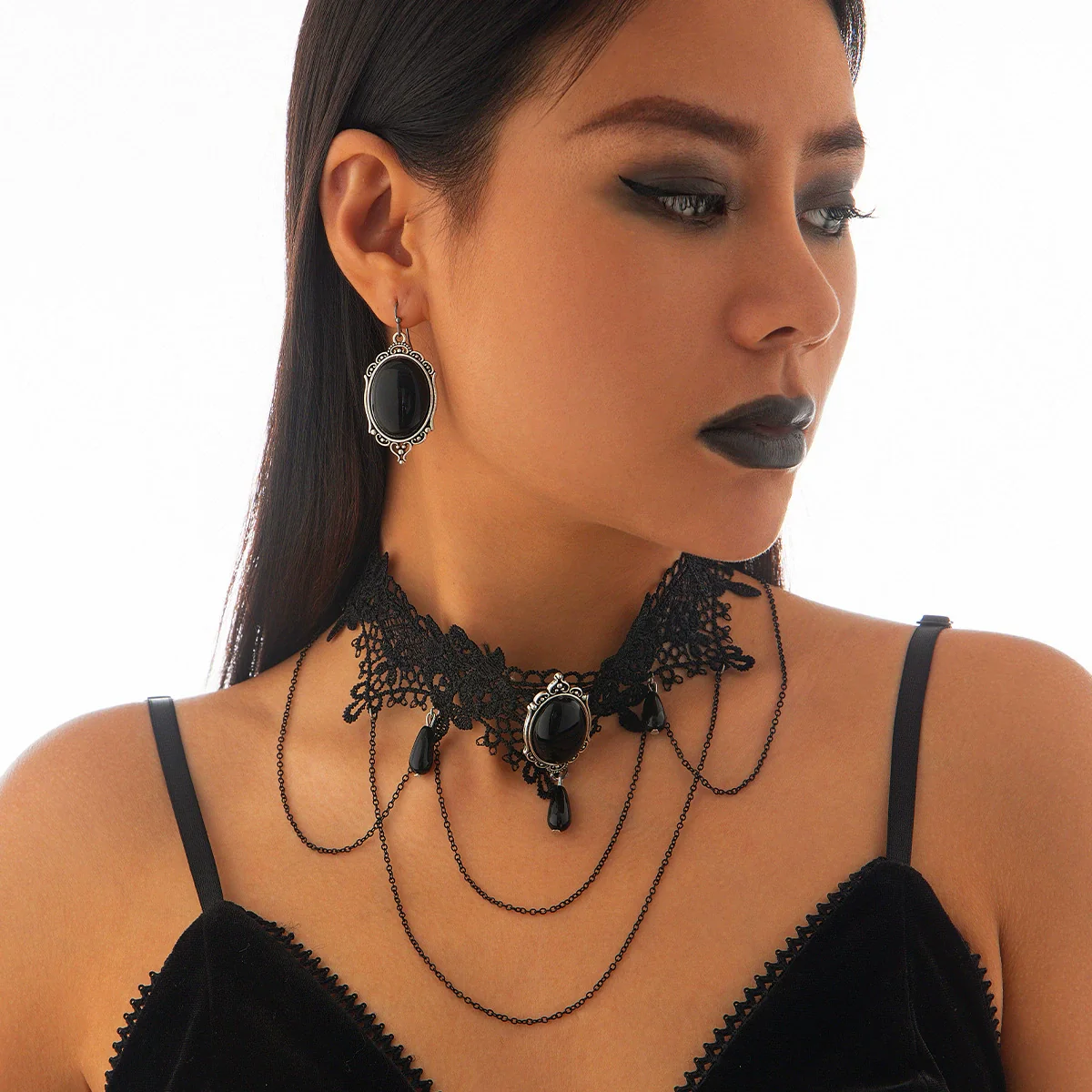 Jewelry Gothic Dark Style Geometric Lace Alloy Electroplated Necklace For Women - Image 8