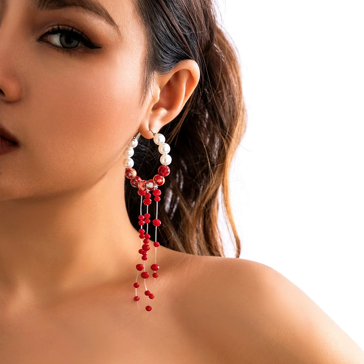 Jewelry Gothic Imitation Pearl Crystal Tassel Geometric Handmade Blood Drops Long Earrings For Women - Image 2