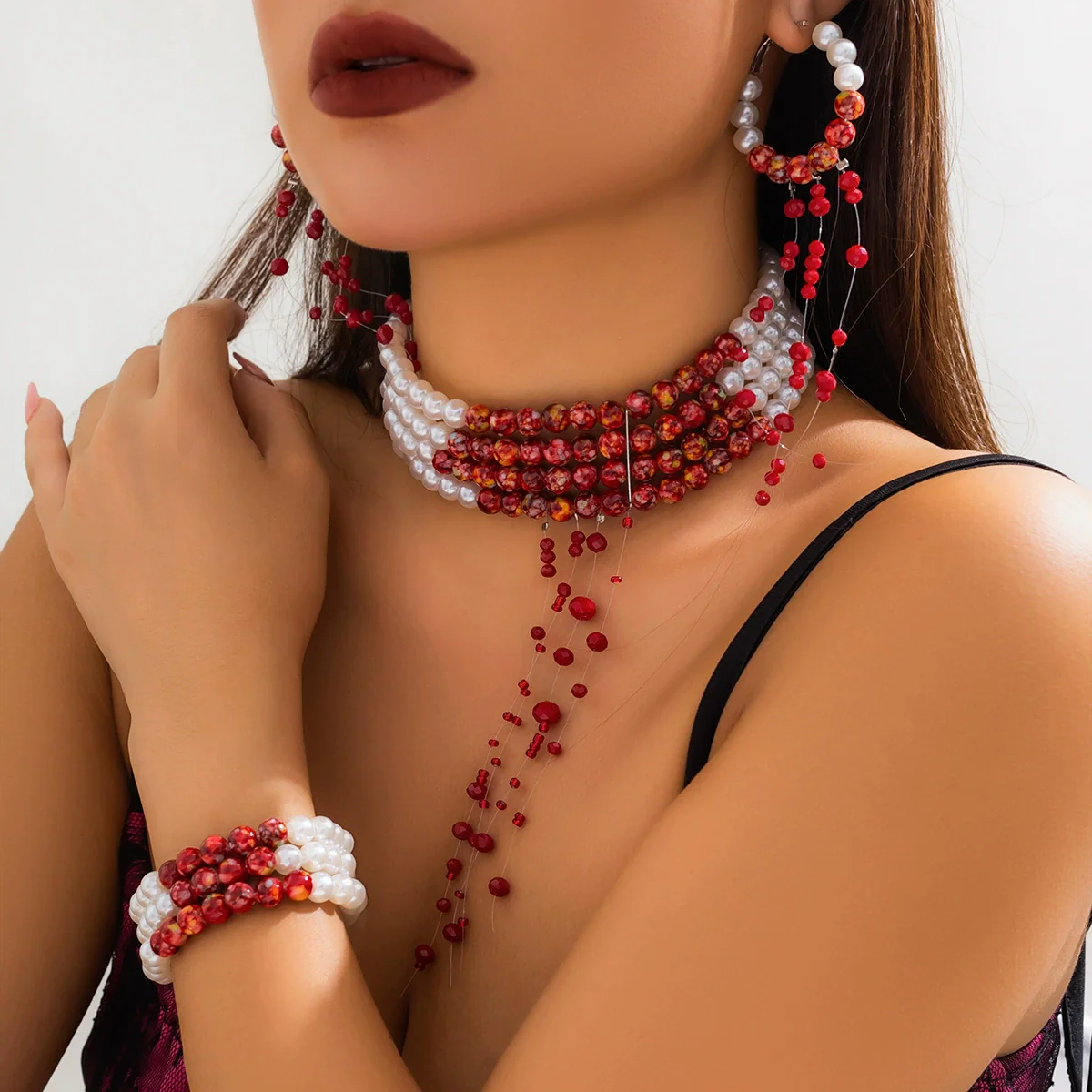Jewelry Gothic Imitation Pearl Necklace Choker Handmade Geometric Blood Drops Tassel