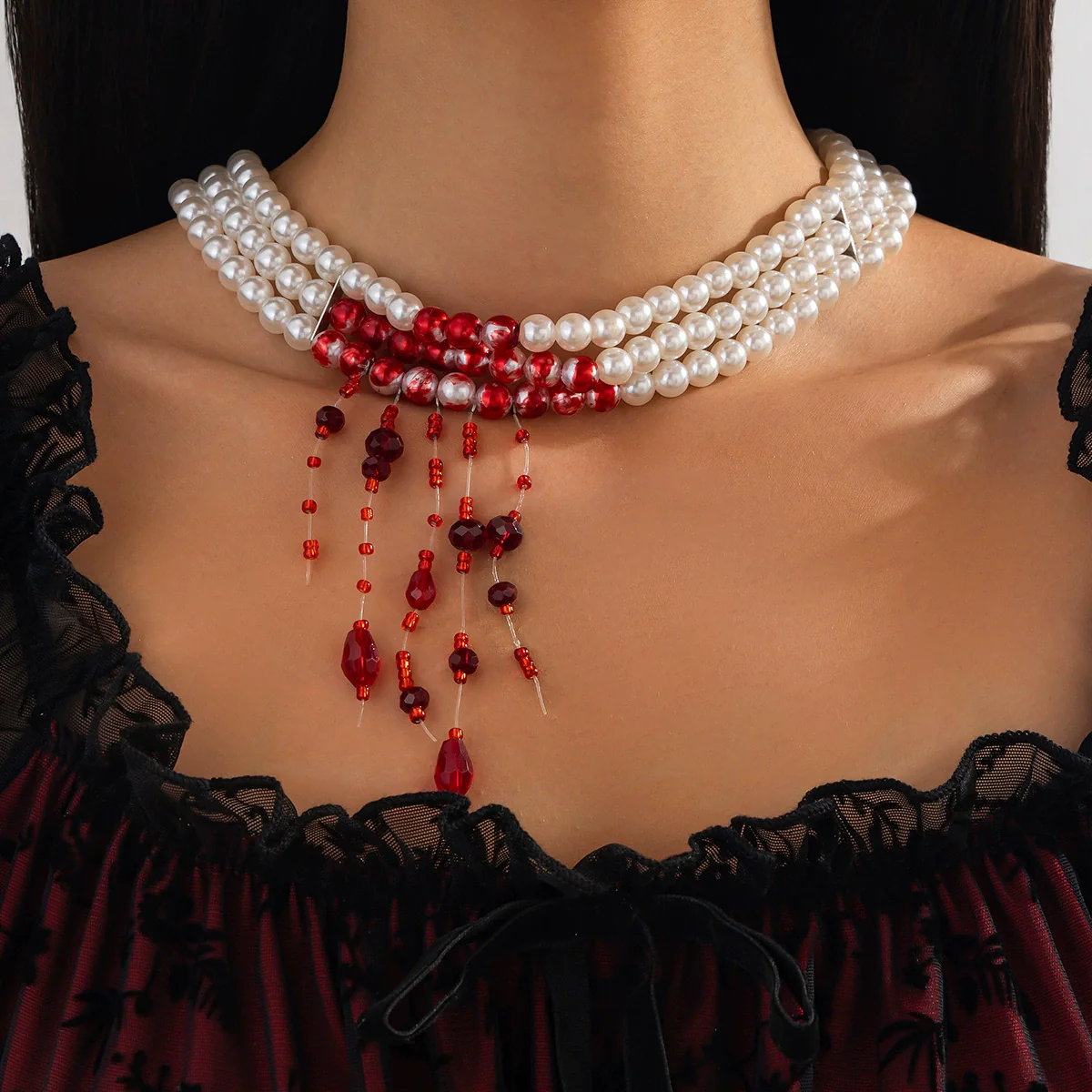 Jewelry Gothic Imitation Pearl Necklace Choker Handmade Geometric Blood Drops Tassel - Image 11