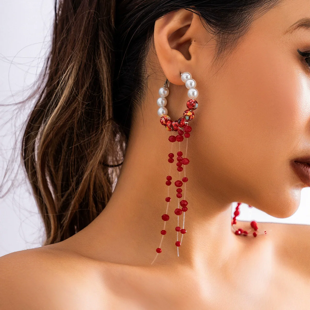 Jewelry Gothic Imitation Pearl Necklace Choker Handmade Geometric Blood Drops Tassel - Image 12
