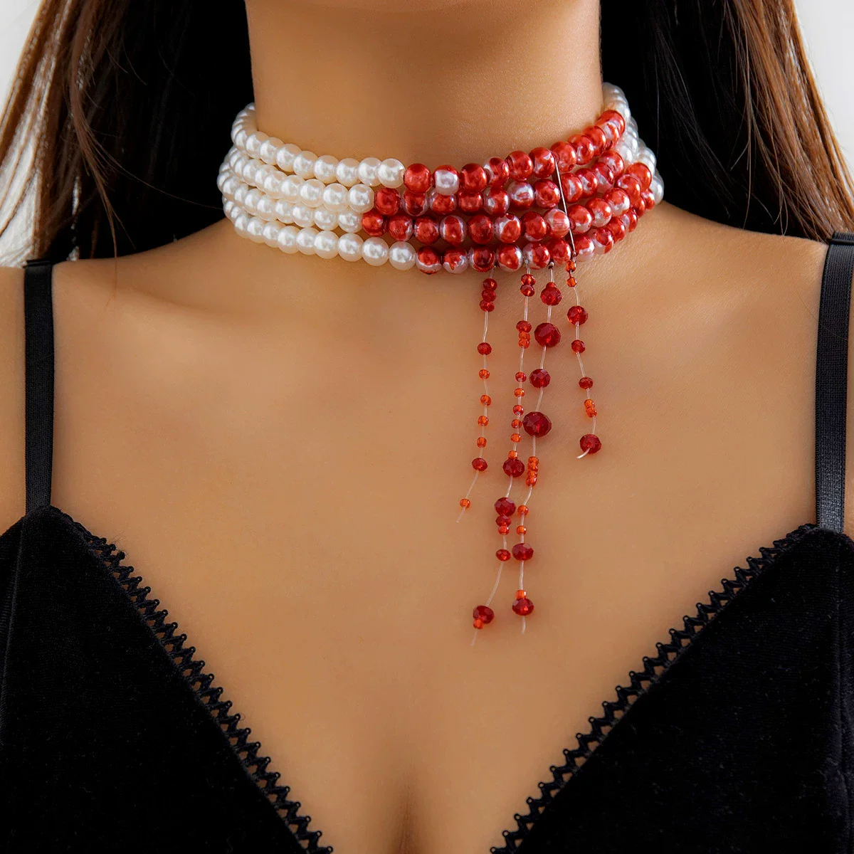 Jewelry Gothic Imitation Pearl Necklace Choker Handmade Geometric Blood Drops Tassel - Image 6