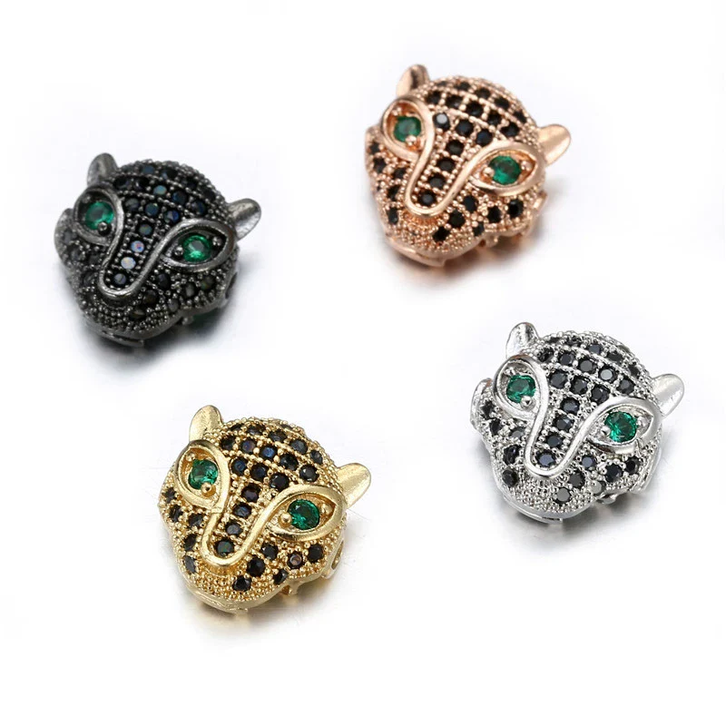 Jewelry Handmade Copper Inlaid Zirconium Leopard Head Round Hole Loose Beads Pendant Accessories Electroplated