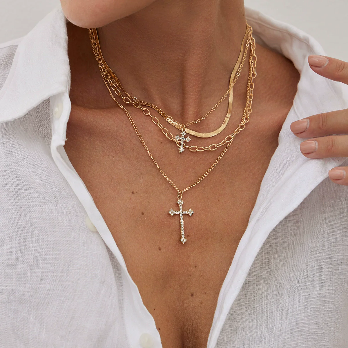 Jewelry Hip Hop Multilayer Cross Pendant Clavicle Chain Alloy Iron Copper Electroplating Geometric Style