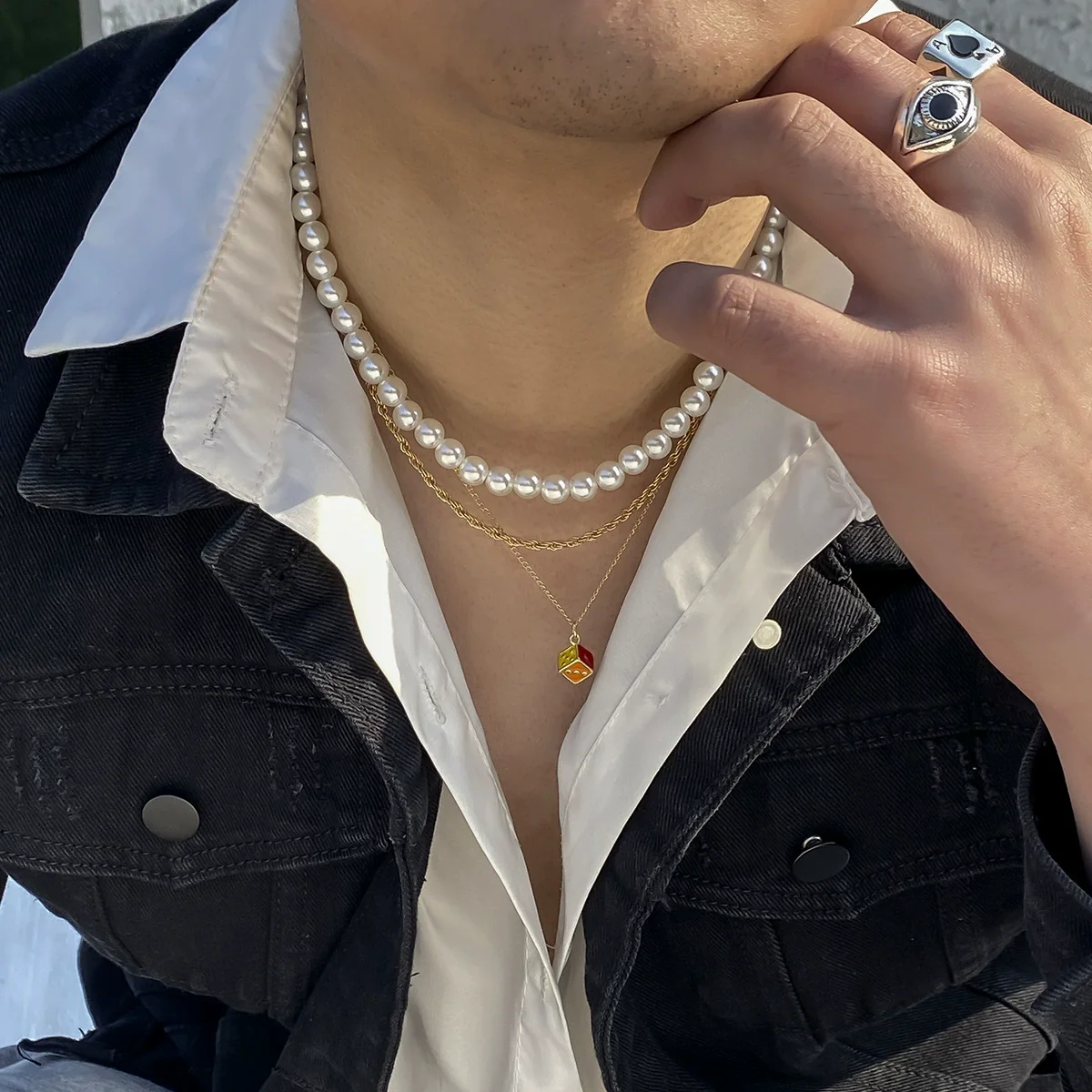 Jewelry Hip Hop Retro Geometric Multi Layer Pearl Alloy Necklace With Dice Pendant And Electroplating For Men - Image 2