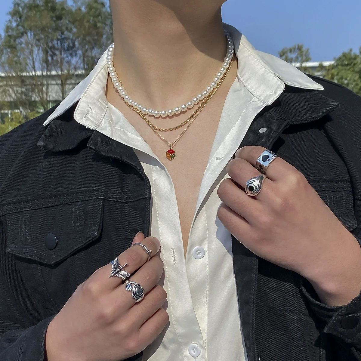 Jewelry Hip Hop Retro Geometric Multi Layer Pearl Alloy Necklace With Dice Pendant And Electroplating For Men - Image 3