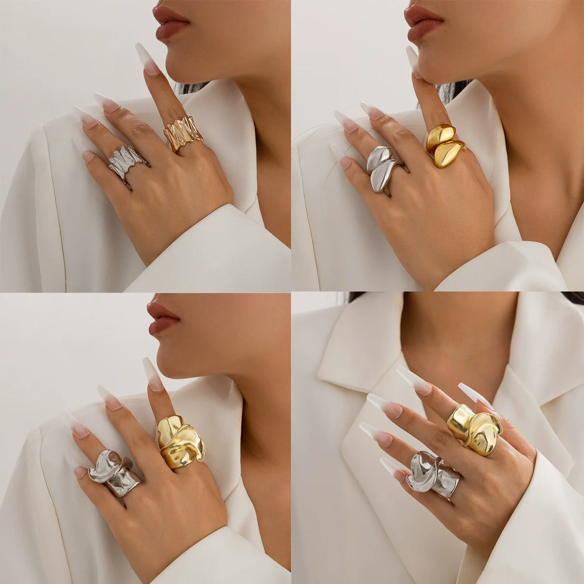 Jewelry Hip Hop Style Geometric Alloy Electroplated Irregular Twisted Ring - Image 2