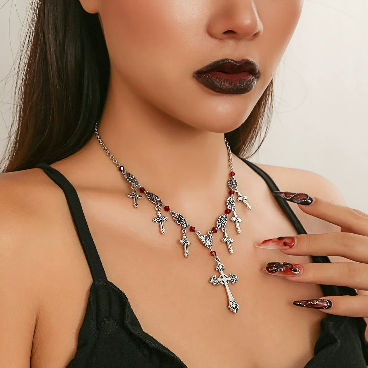 Jewelry Hiphop Cross Pendant Clavicle Chain Necklace Dark Gothic Style Metal Alloy Electroplated Geometric - Image 3