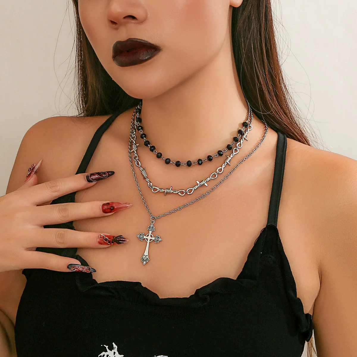 Jewelry Hiphop Cross Pendant Clavicle Chain Necklace Dark Gothic Style Metal Alloy Electroplated Geometric - Image 7