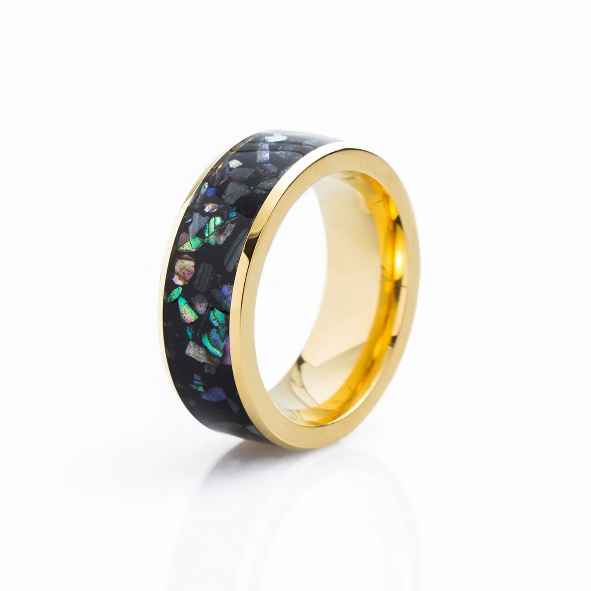 Jewelry Imitation Abalone Shell Inlaid Titanium Steel Ring Electroplated Geometric Style - Image 6