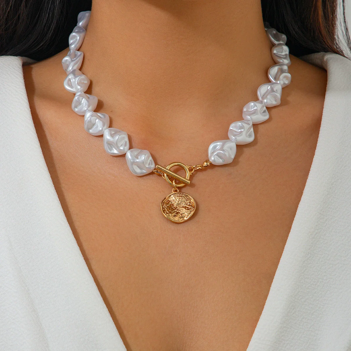 Jewelry Imitation Pearl Alloy Geometric Asymmetrical Shaped Clavicle Chain Set Electroplated - Image 7