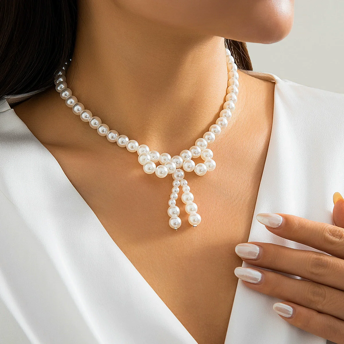 Jewelry Imitation Pearl Bow Handmade Beaded Knotted Necklace For Women - Image 2