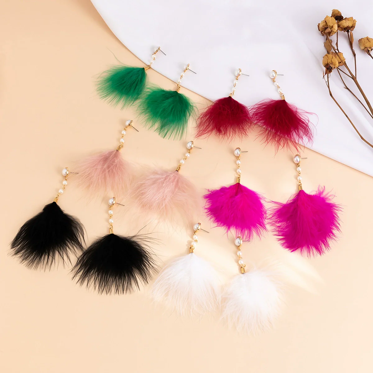 Jewelry Imitation Pearl Feather Tassel Handmade Geometric Earrings For Women - Image 4