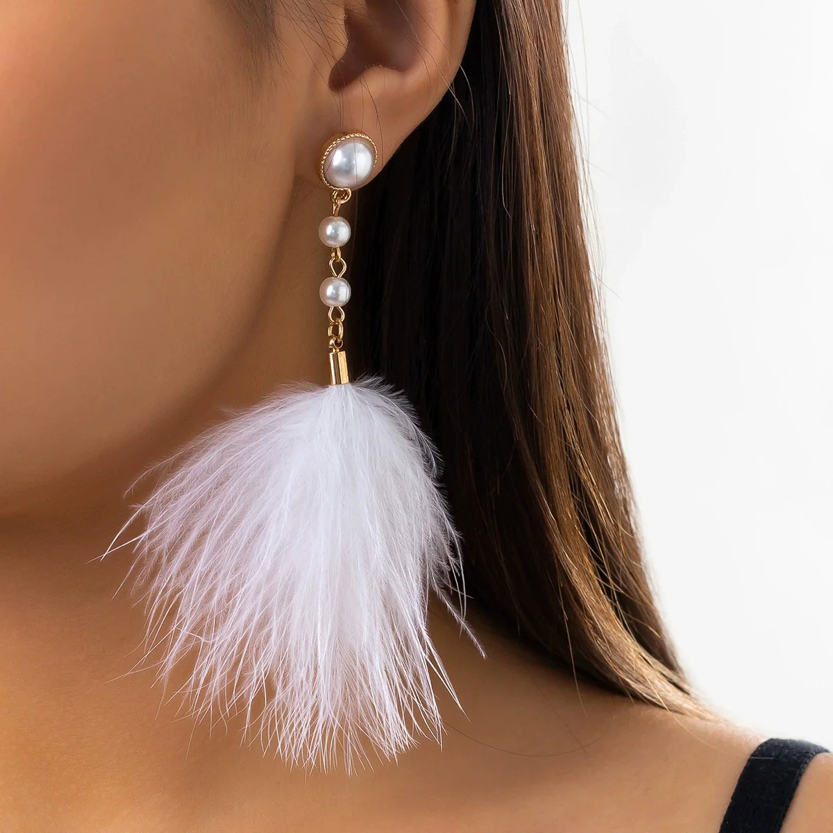 Jewelry Imitation Pearl Feather Tassel Handmade Geometric Earrings For Women - Image 6