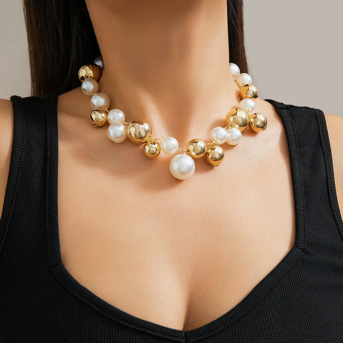 Jewelry Imitation Pearl Geometric Ball Chain Electroplated Women Choker - Image 9