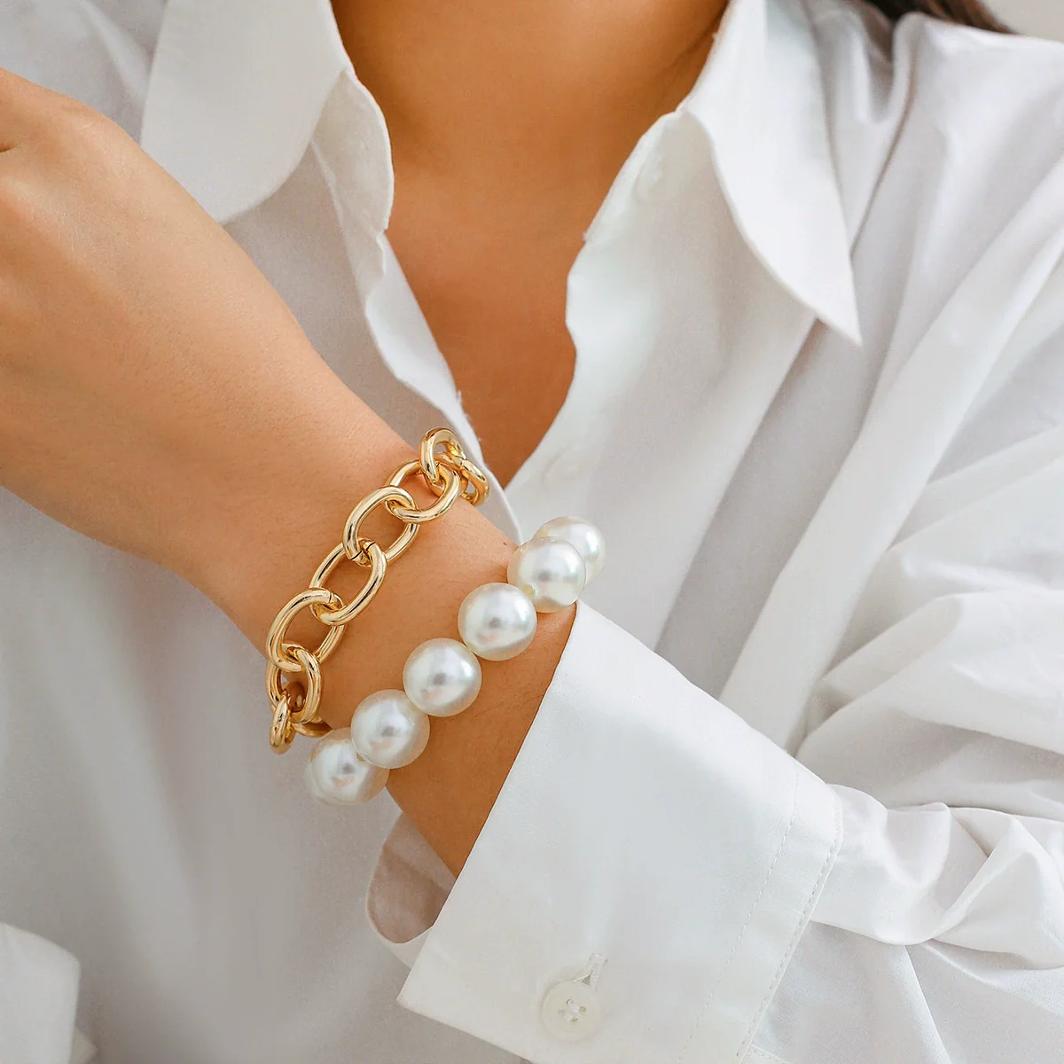 Jewelry Imitation Pearl Geometric Metal Chain Bracelet Electroplated For Women - Image 2