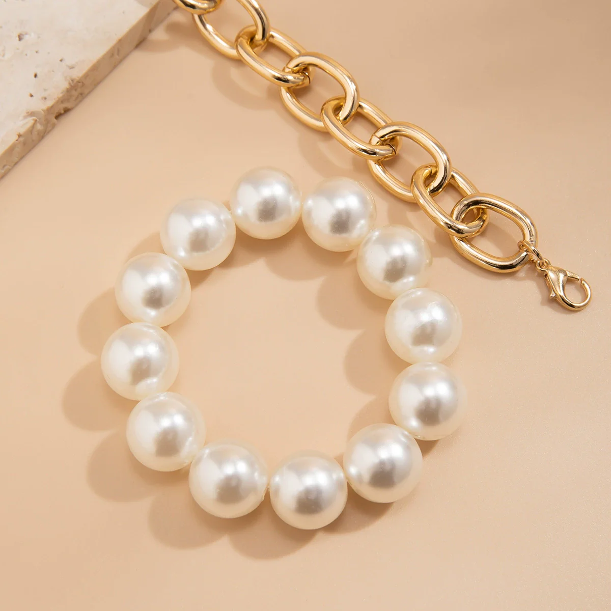 Jewelry Imitation Pearl Geometric Metal Chain Bracelet Electroplated For Women - Image 4