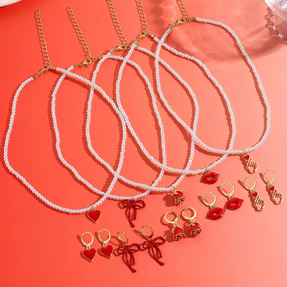 Jewelry Imitation Pearl Heart Pattern Electroplating Valentine's Day Earrings And Necklace