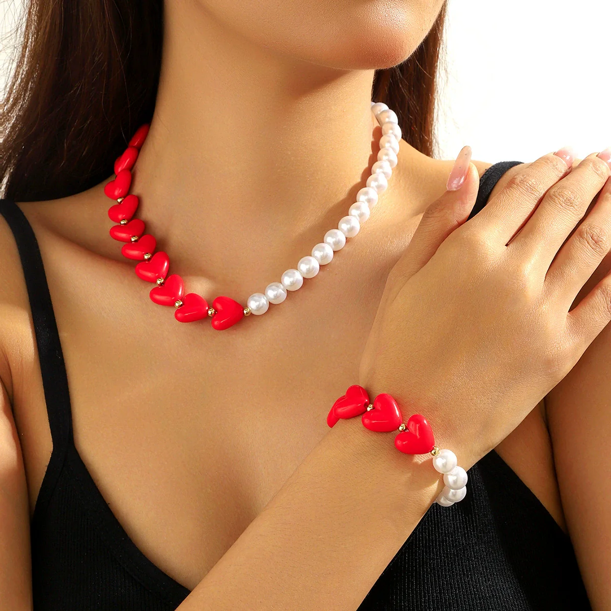 Jewelry Imitation Pearl Heart Pattern Electroplating Valentine's Day Earrings And Necklace - Image 2