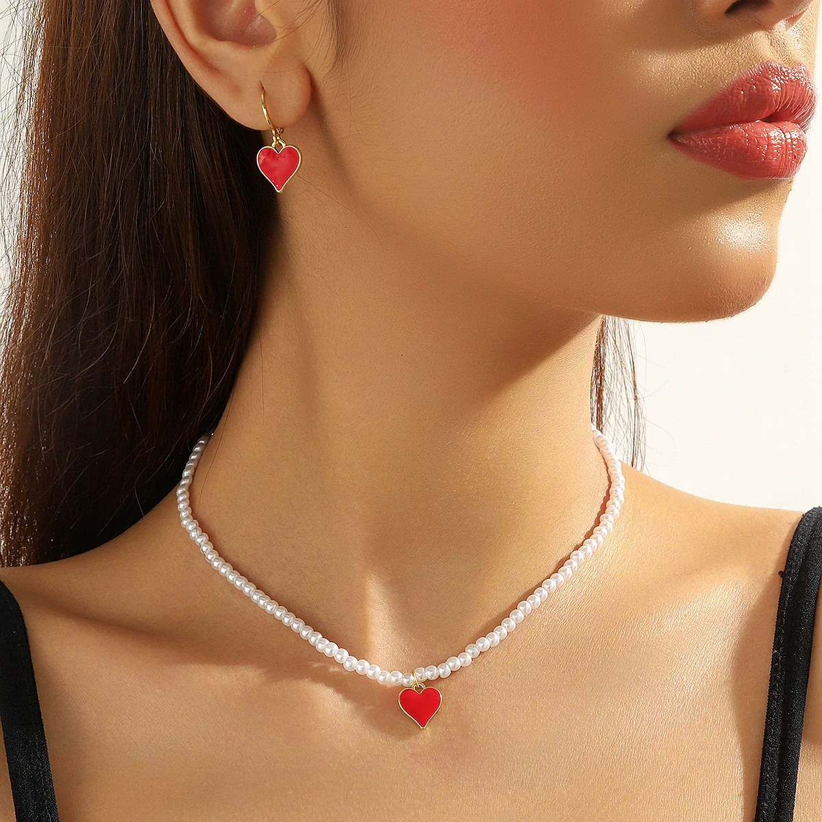 Jewelry Imitation Pearl Heart Pattern Electroplating Valentine's Day Earrings And Necklace - Image 3