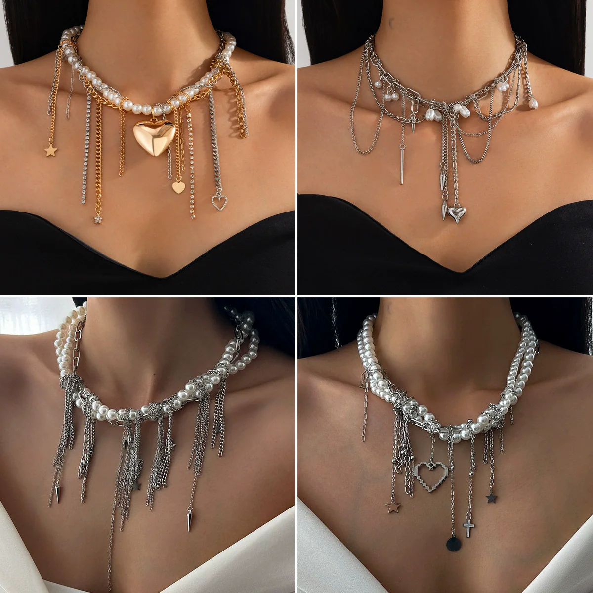 Jewelry Imitation Pearl Iron Pendant Necklace Geometric Heart Shape Electroplating For Women