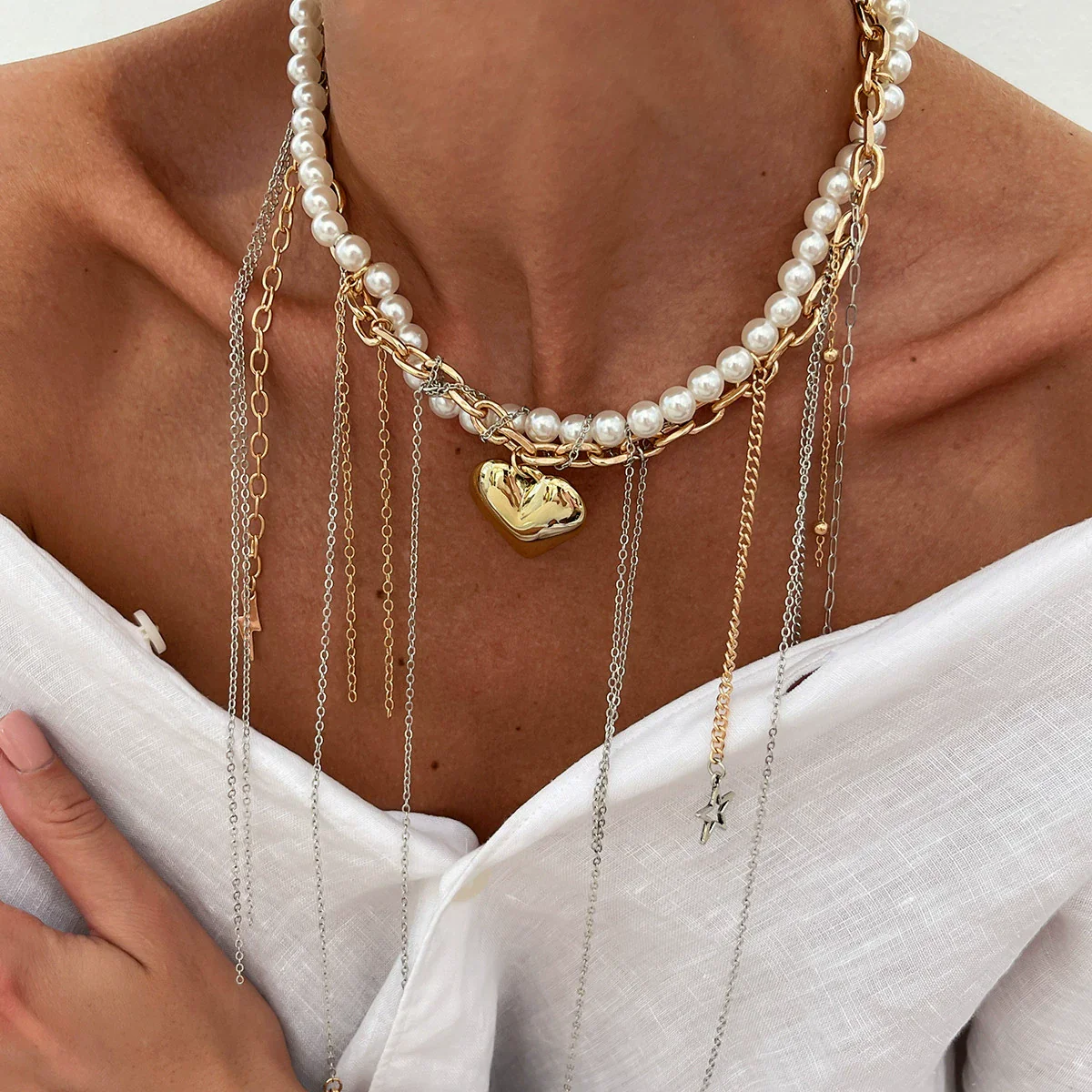 Jewelry Imitation Pearl Iron Pendant Necklace Geometric Heart Shape Electroplating For Women - Image 10