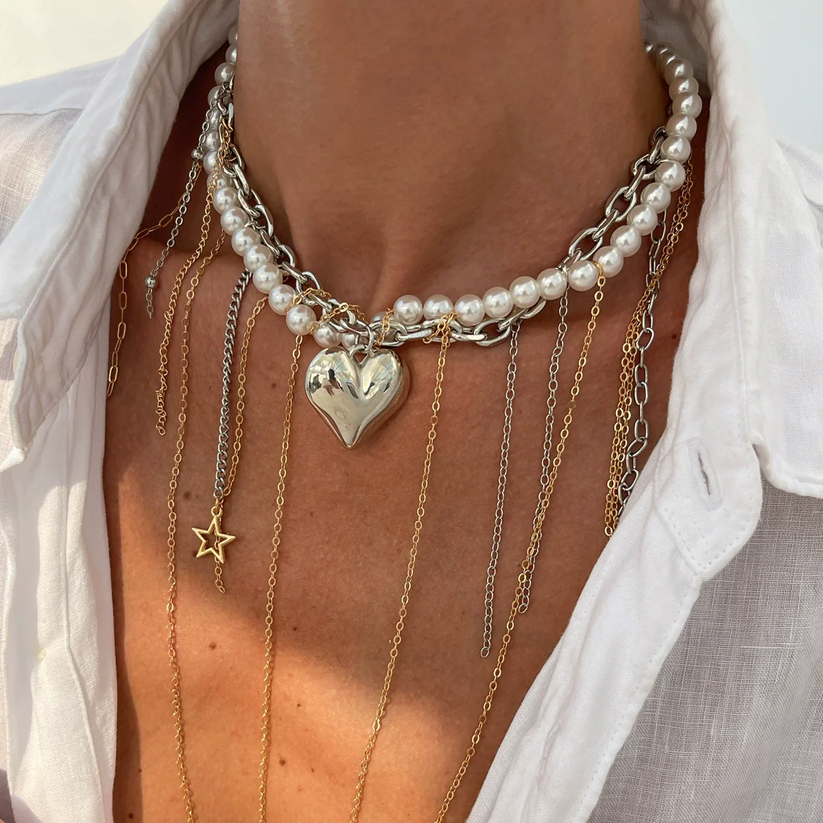 Jewelry Imitation Pearl Iron Pendant Necklace Geometric Heart Shape Electroplating For Women - Image 11