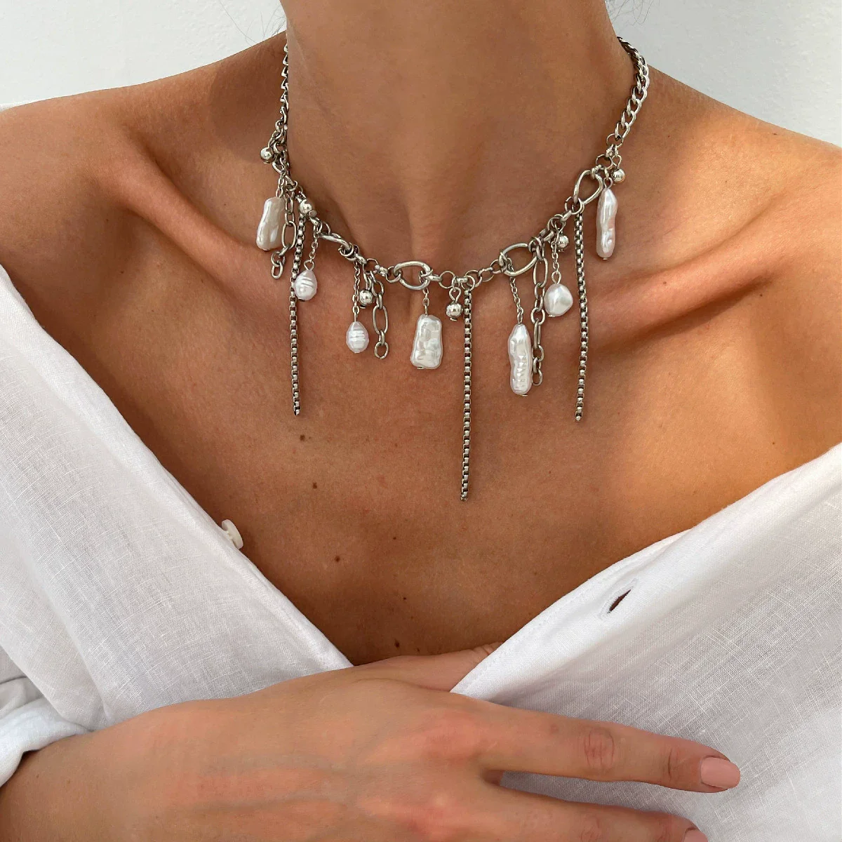 Jewelry Imitation Pearl Iron Pendant Necklace Geometric Heart Shape Electroplating For Women - Image 12