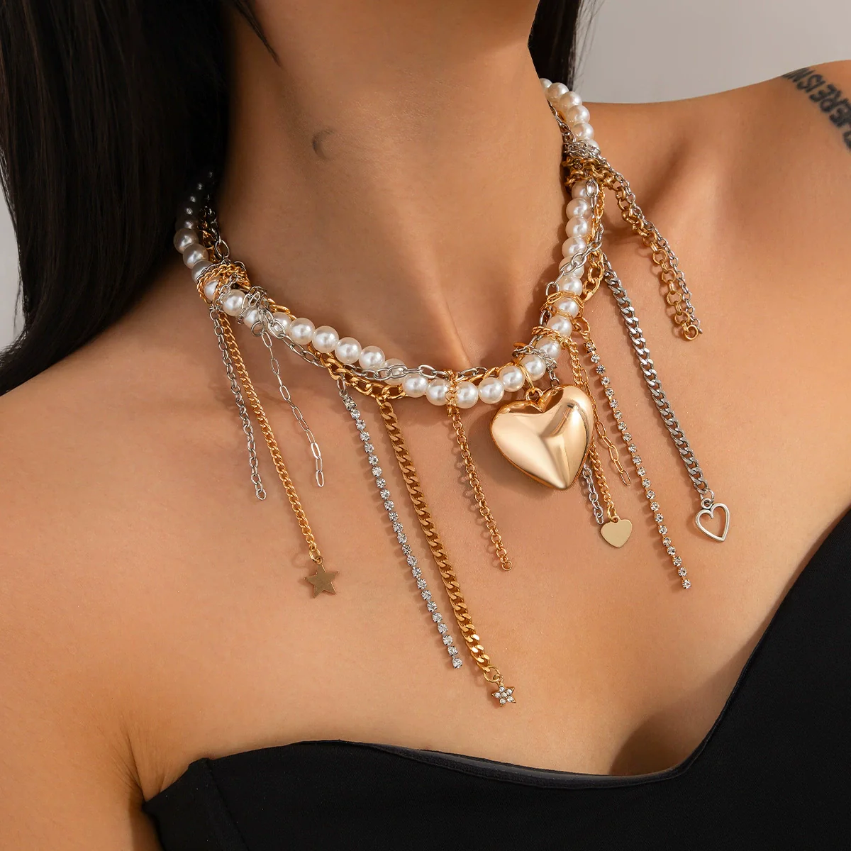 Jewelry Imitation Pearl Iron Pendant Necklace Geometric Heart Shape Electroplating For Women - Image 2