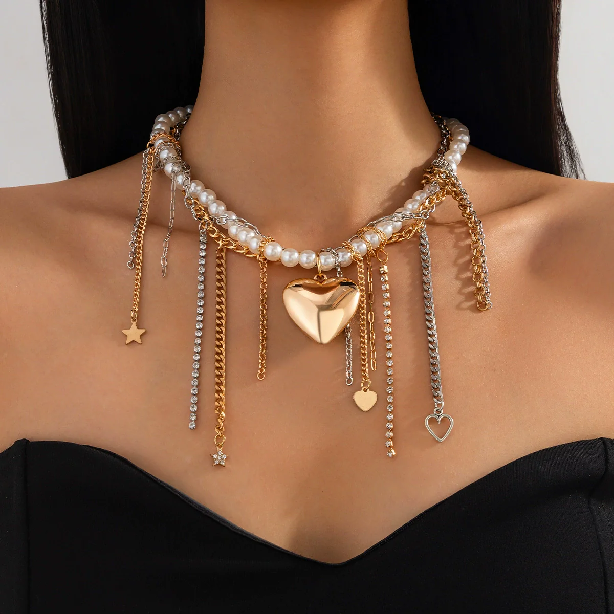 Jewelry Imitation Pearl Iron Pendant Necklace Geometric Heart Shape Electroplating For Women - Image 8