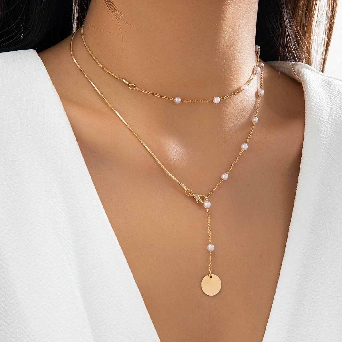 Jewelry Imitation Pearl Metal Star Geometric Electroplated Ochain Necklace For Women - Image 2