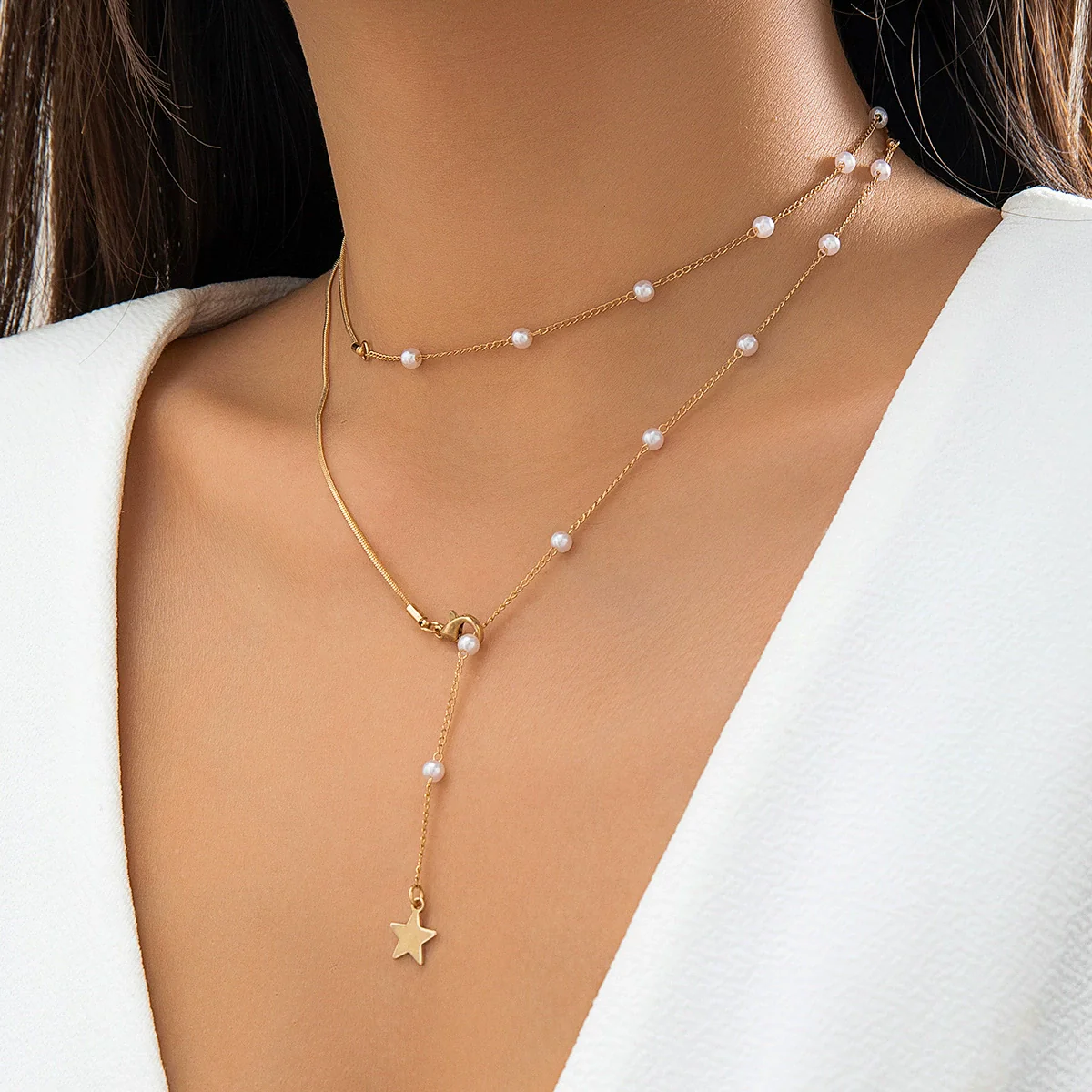 Jewelry Imitation Pearl Metal Star Geometric Electroplated Ochain Necklace For Women - Image 3
