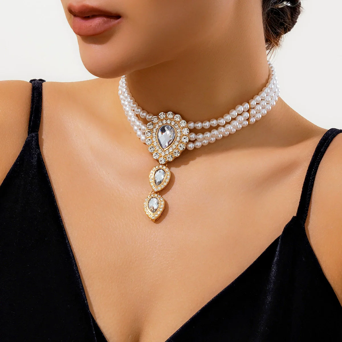 Jewelry Imitation Pearl Rhinestone Dropshaped Beaded Choker Necklace Electroplating Women's Retro Light Luxury Style - Image 6