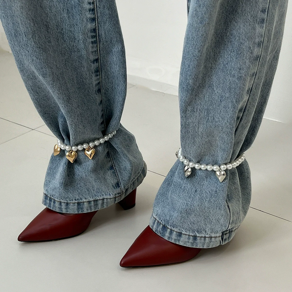 Jewelry Ins Style Imitation Pearl Beaded Heart Pendant Anklet - Image 3