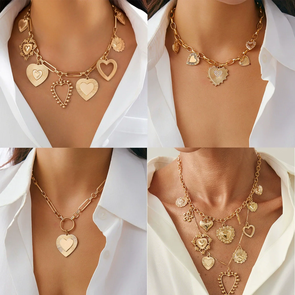 Jewelry Iron Chain Alloy Heart Shape Pendant Clavicle Chain Metallic Stripe Electroplating For Women