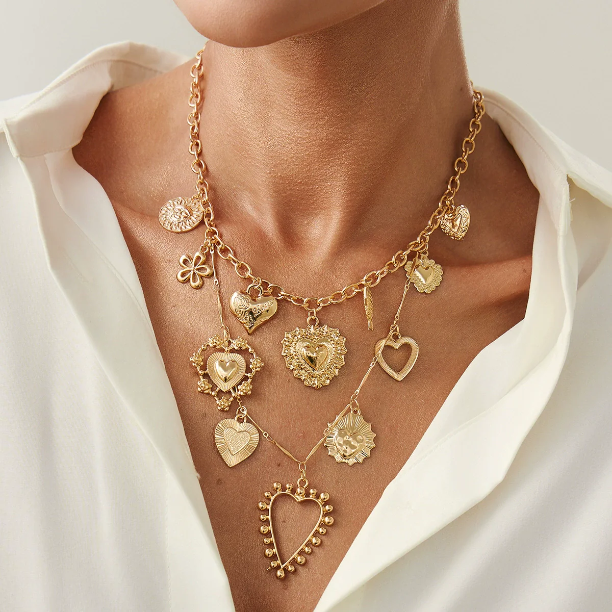 Jewelry Iron Chain Alloy Heart Shape Pendant Clavicle Chain Metallic Stripe Electroplating For Women - Image 14