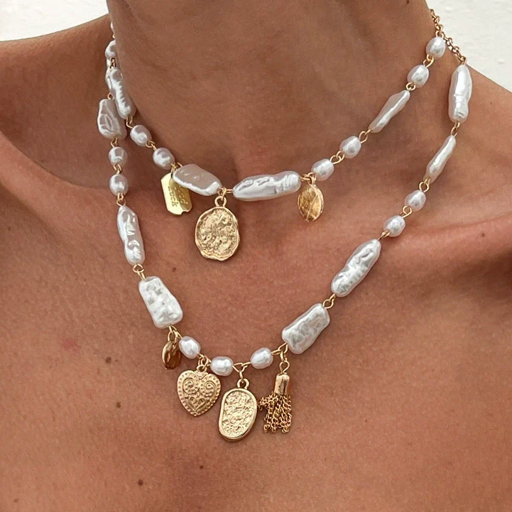 Jewelry Iron Chain Imitation Pearl Alloy Geometric Cross Pendant Necklace For Women With Electroplating Design