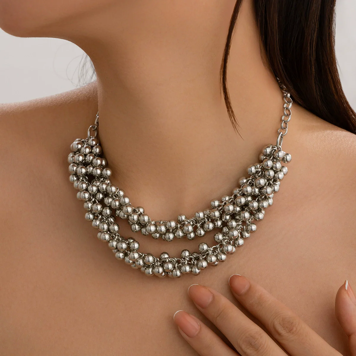 Jewelry Iron Clavicle Chain Necklace Geometric Personality Electroplated Round Bead Hanging Ball Design