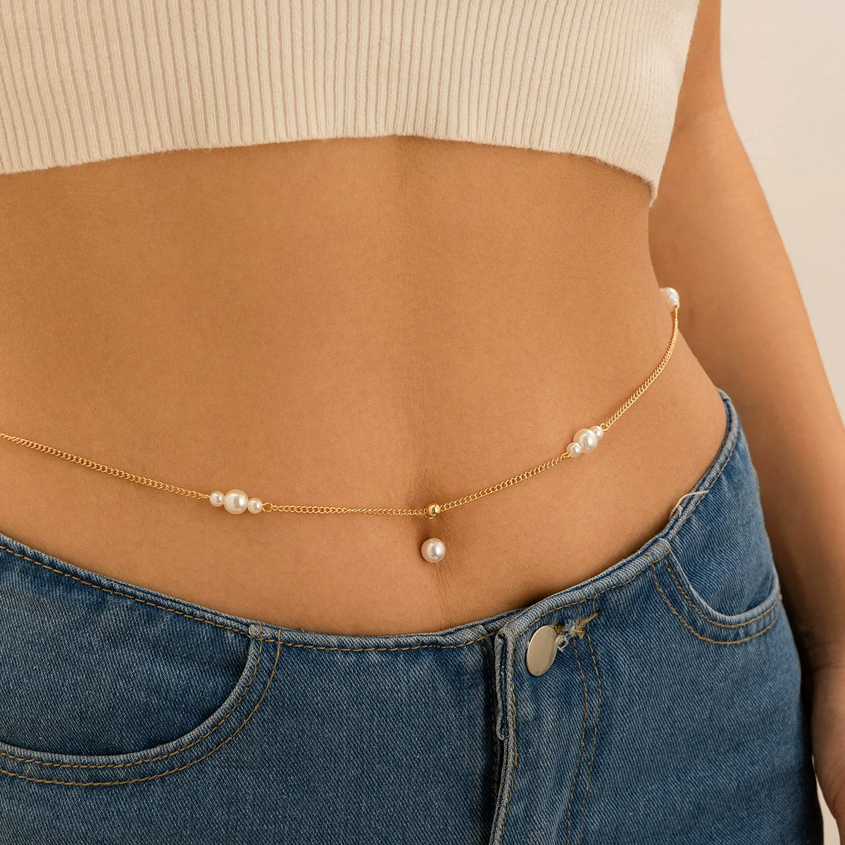 Jewelry Iron Titanium Steel Electroplating Imitation Pearl Tassel Body Chain For Women - Image 3