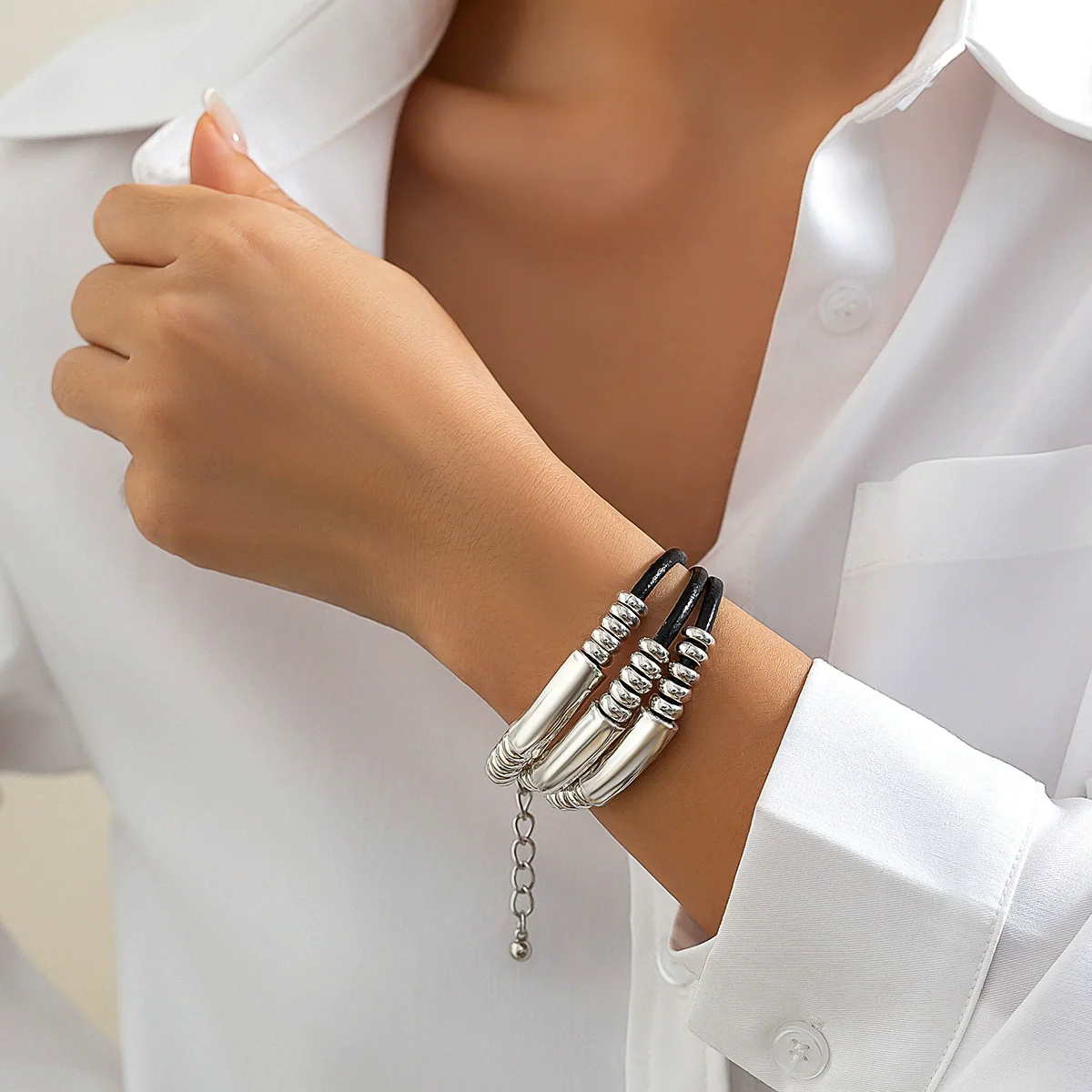 Jewelry Leather Wax Thread Alloy Hiphop Geometric Cylindrical Multilayer Clavicle Chain Necklace Set - Image 3