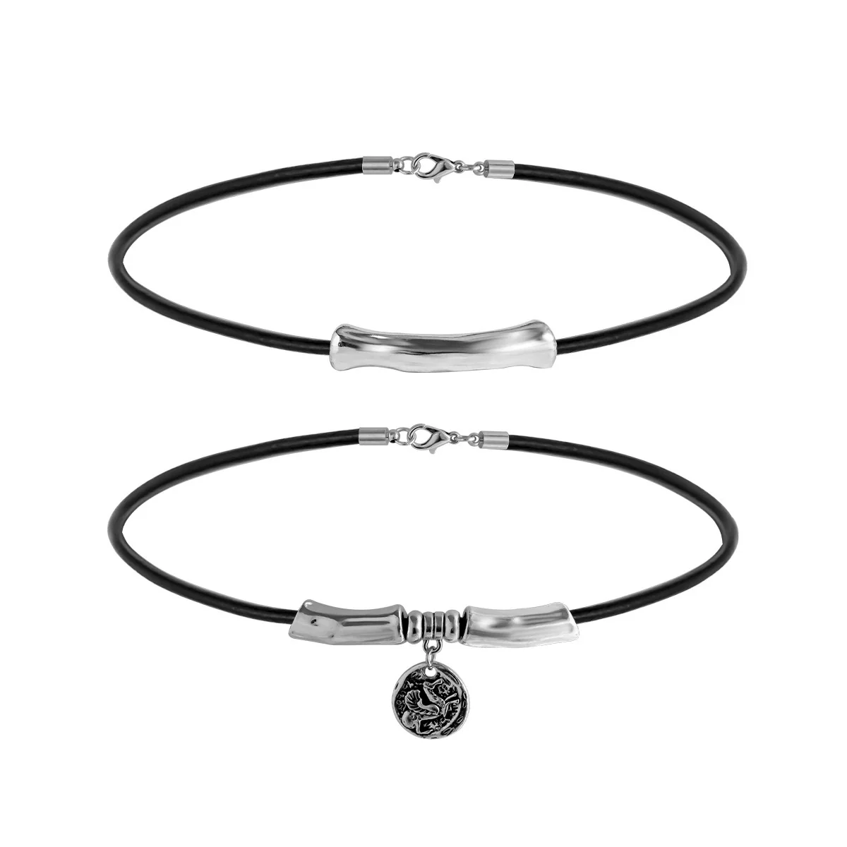 Jewelry Leather Wax Thread Alloy Hiphop Geometric Cylindrical Multilayer Clavicle Chain Necklace Set - Image 5