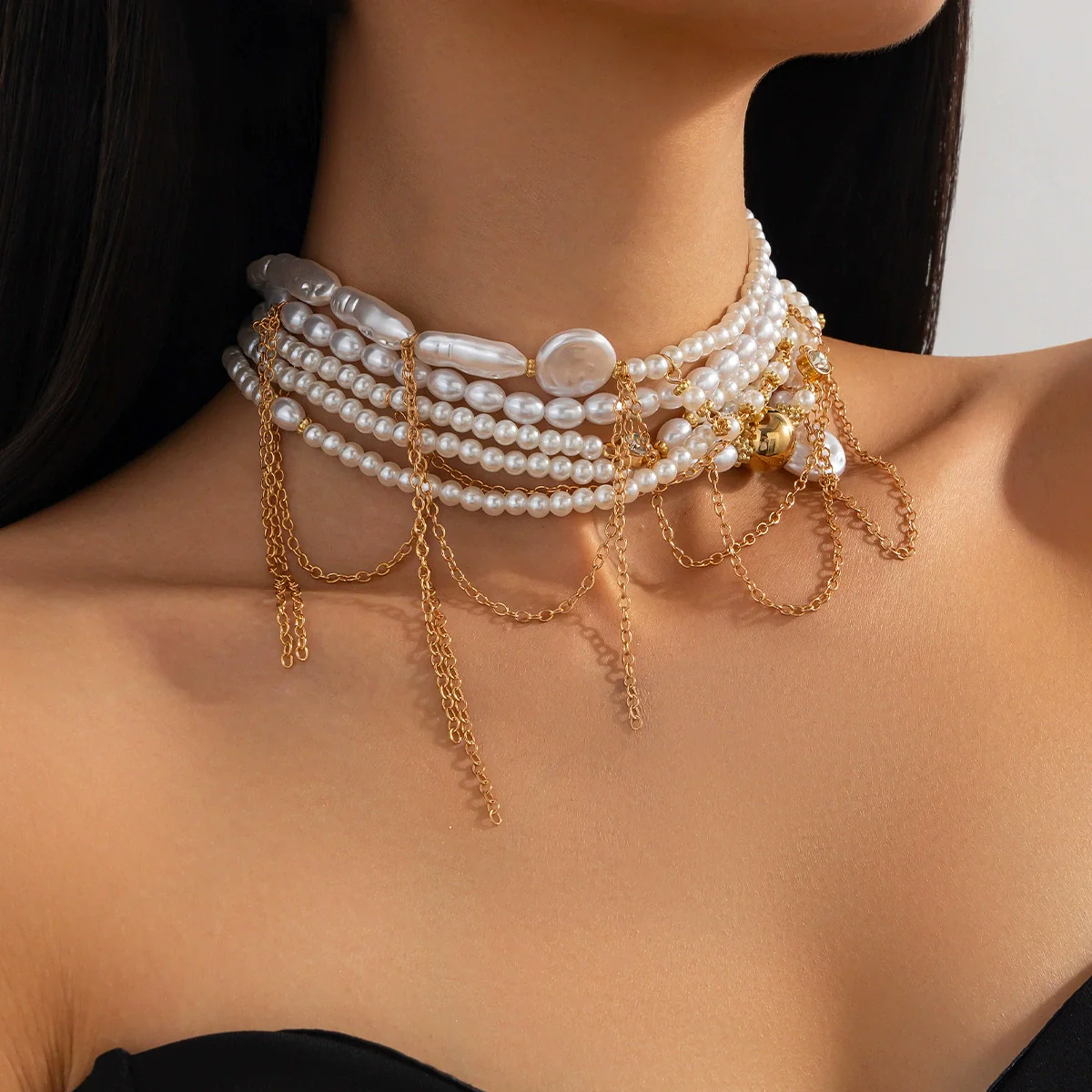 Jewelry Light Luxury Alloy And Imitation Pearl Multilayer Tassel Necklace With Geometric Pattern And Electroplating