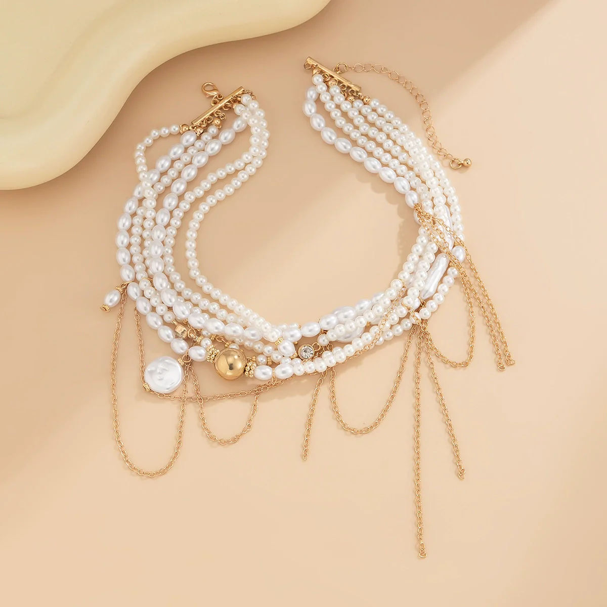 Jewelry Light Luxury Alloy And Imitation Pearl Multilayer Tassel Necklace With Geometric Pattern And Electroplating - Image 4