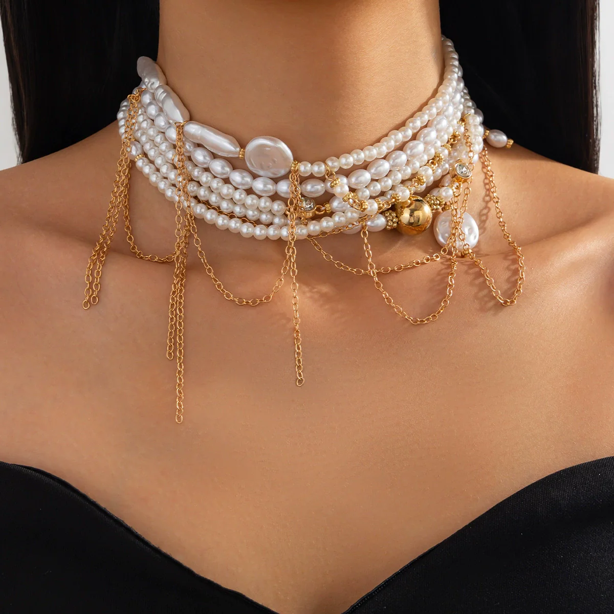 Jewelry Light Luxury Alloy And Imitation Pearl Multilayer Tassel Necklace With Geometric Pattern And Electroplating - Image 6