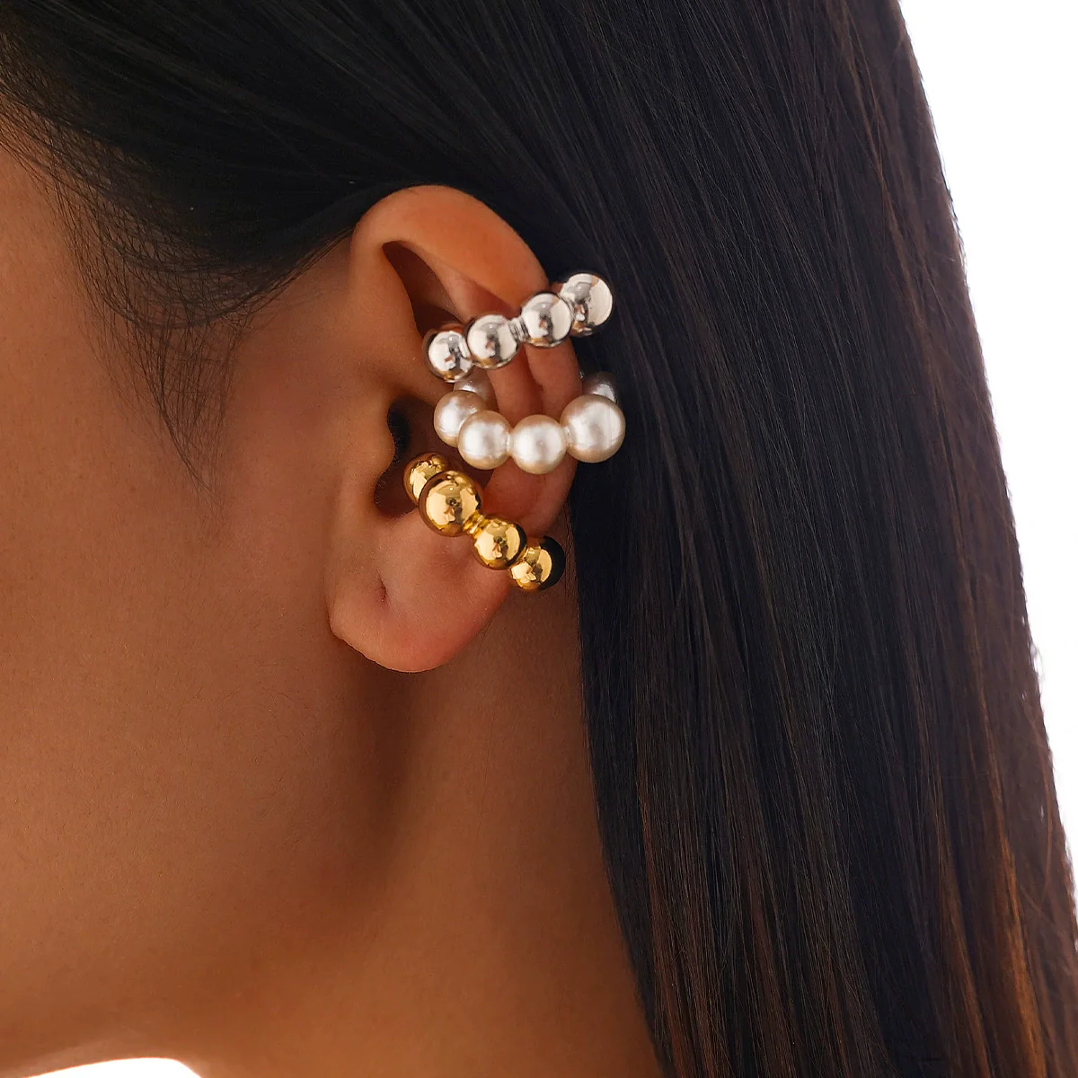 Jewelry Light Luxury Imitation Pearl Geometric Electroplated 3Piece Set Earrings - Image 8