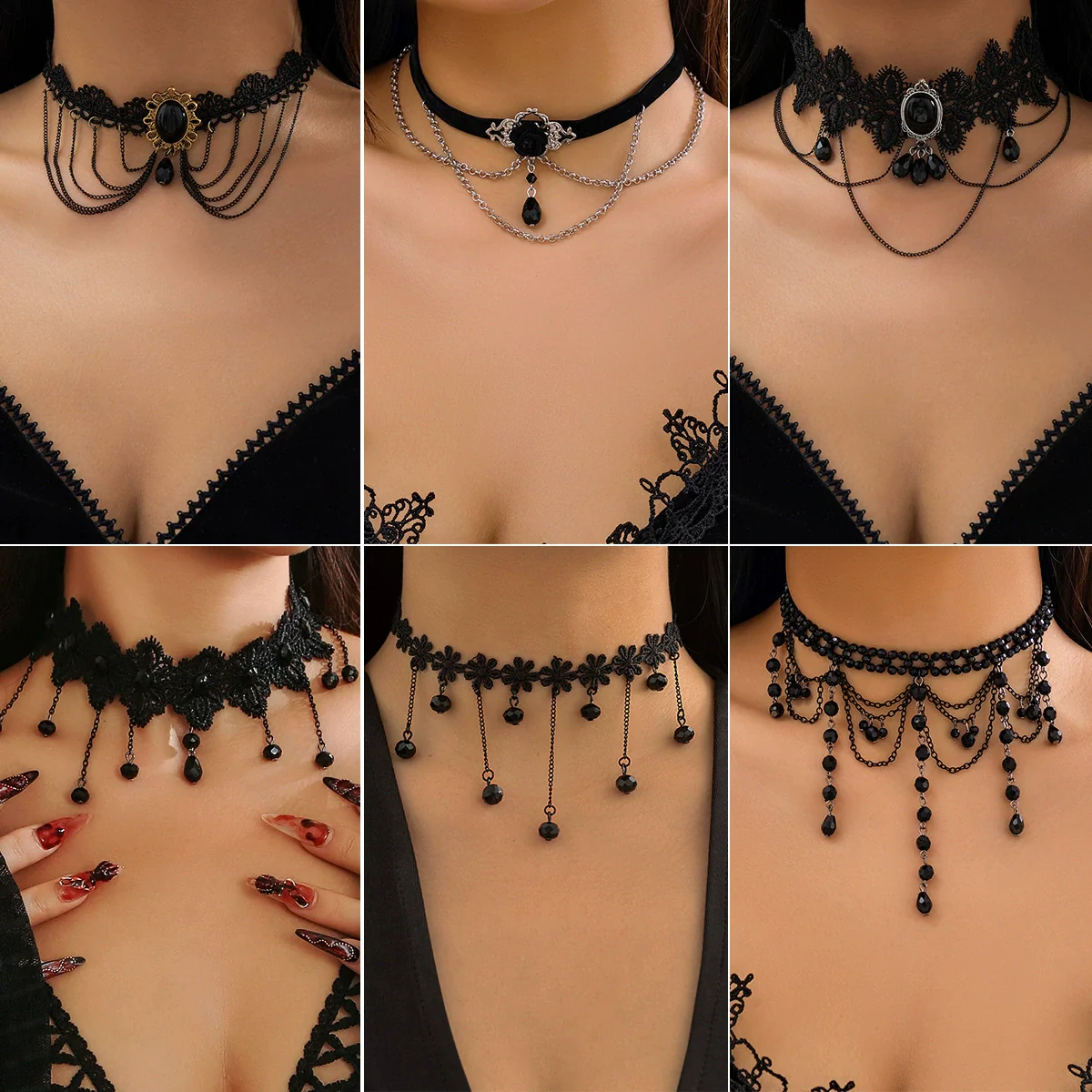 Jewelry Lolita Lace Imitation Crystal Black Gothic Wind Water Drop Tassel Handmade Women's Choker Necklace With Flower Pattern