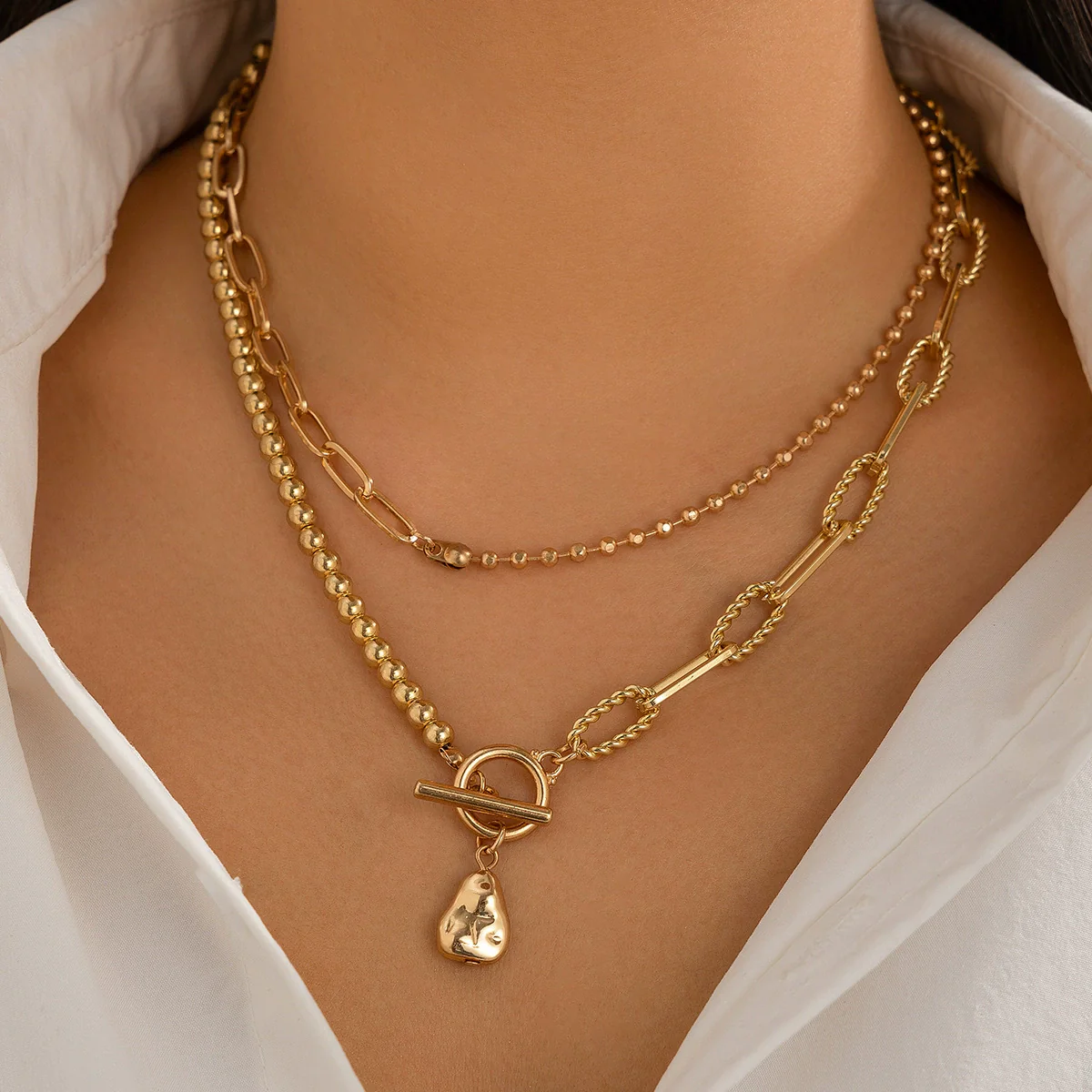 Jewelry Long Round Bead Chain Stacked Necklace Vintage Personality Imitation Pearl Iron Chain Alloy Electroplated - Image 8