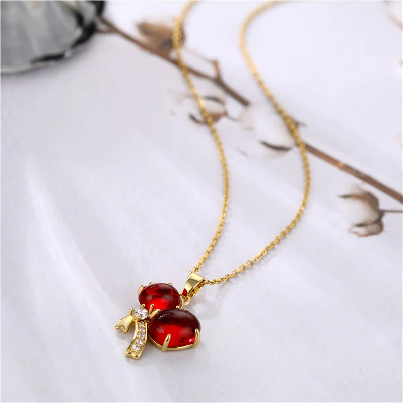 Jewelry Lucky Red Agate Gourd Pendant With Diamonds Titanium Steel Necklace For Women - Image 3