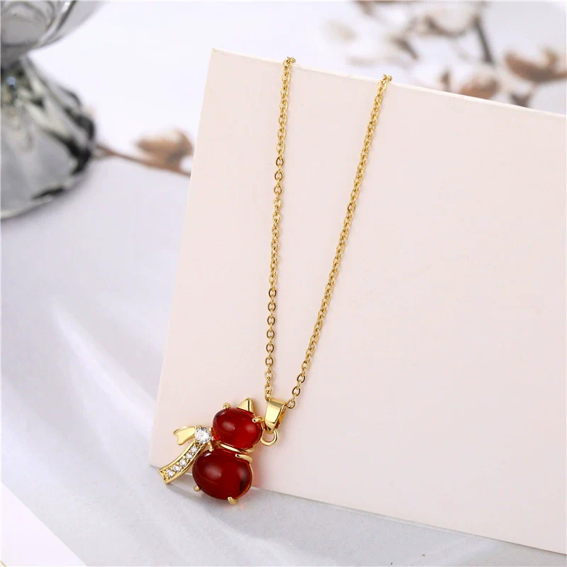 Jewelry Lucky Red Agate Gourd Pendant With Diamonds Titanium Steel Necklace For Women - Image 4